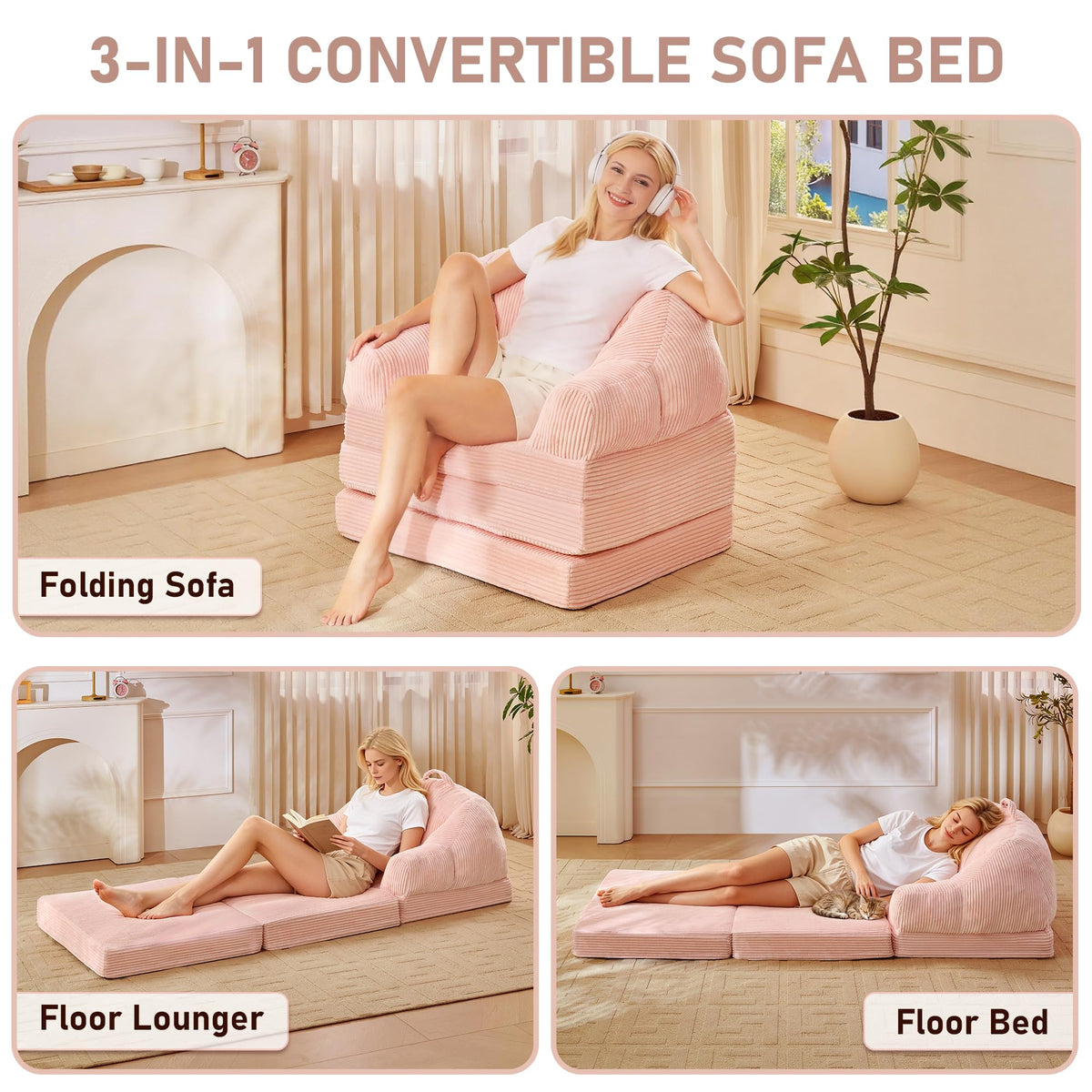 Pink 3-in-1 Convertible Folding Sofa Bed T849