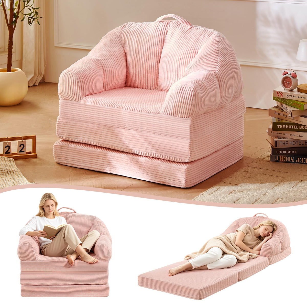 Pink 3-in-1 Convertible Folding Sofa Bed T849