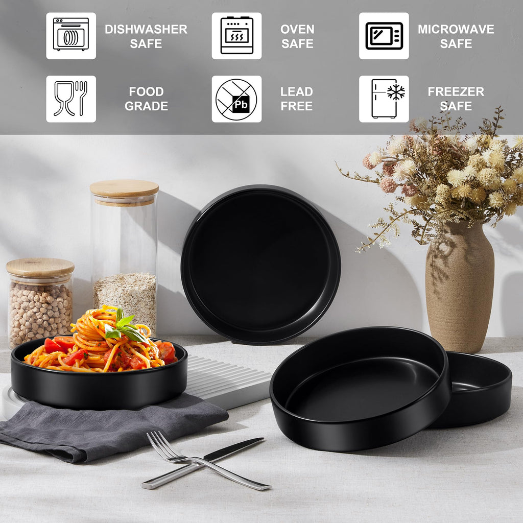 Stoneware Dinnerware Set, 12-Piece Plates and Bowls, Set of 4, Matte Black E26916