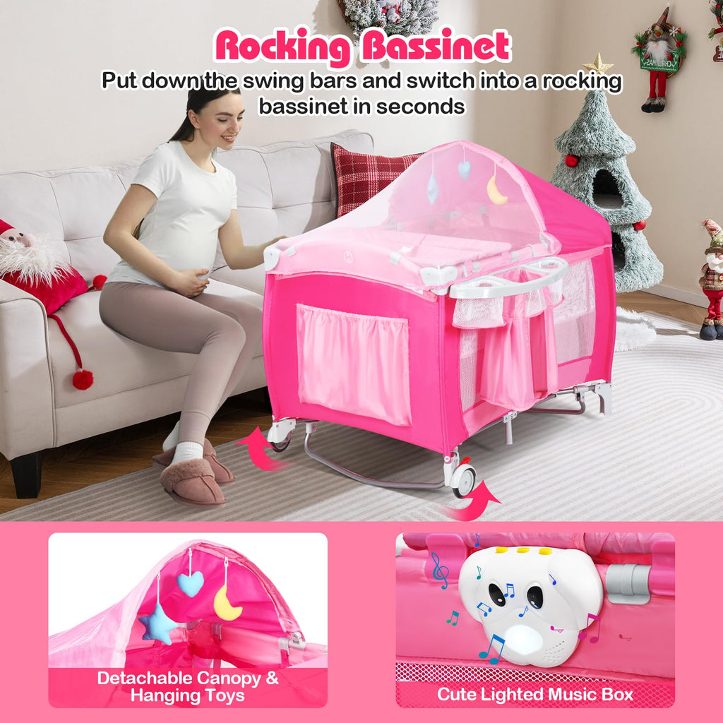 4 in 1 Pack and Play Portable Baby Bassinet Playpen with Diaper Changer Mattress Canopy Storage Rack Toy Bar Music Box Foldable Travel Playard Pink I40675