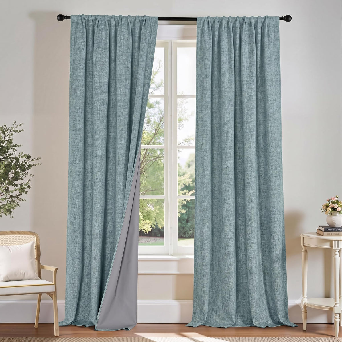 Teal Natural Linen Blackout Curtains 84 inch 2 Panels Set T662477