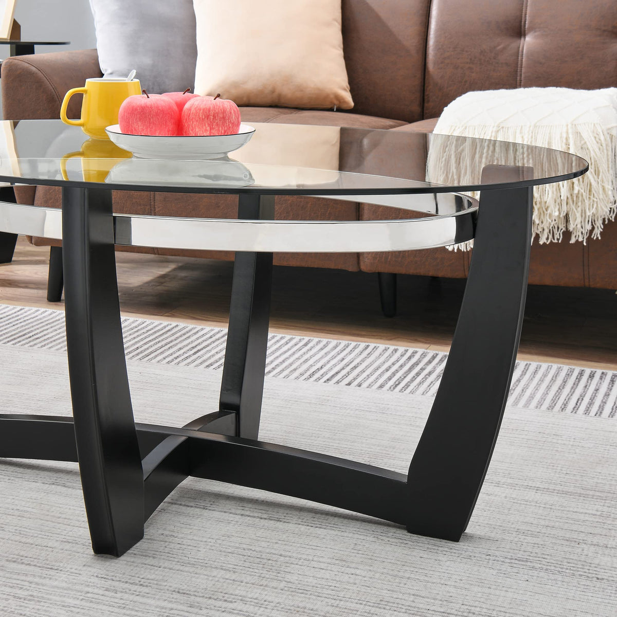 Glass Coffee Table with Solid Wood Base, 43.3''L x 29.5''W x 20.1''H Q671