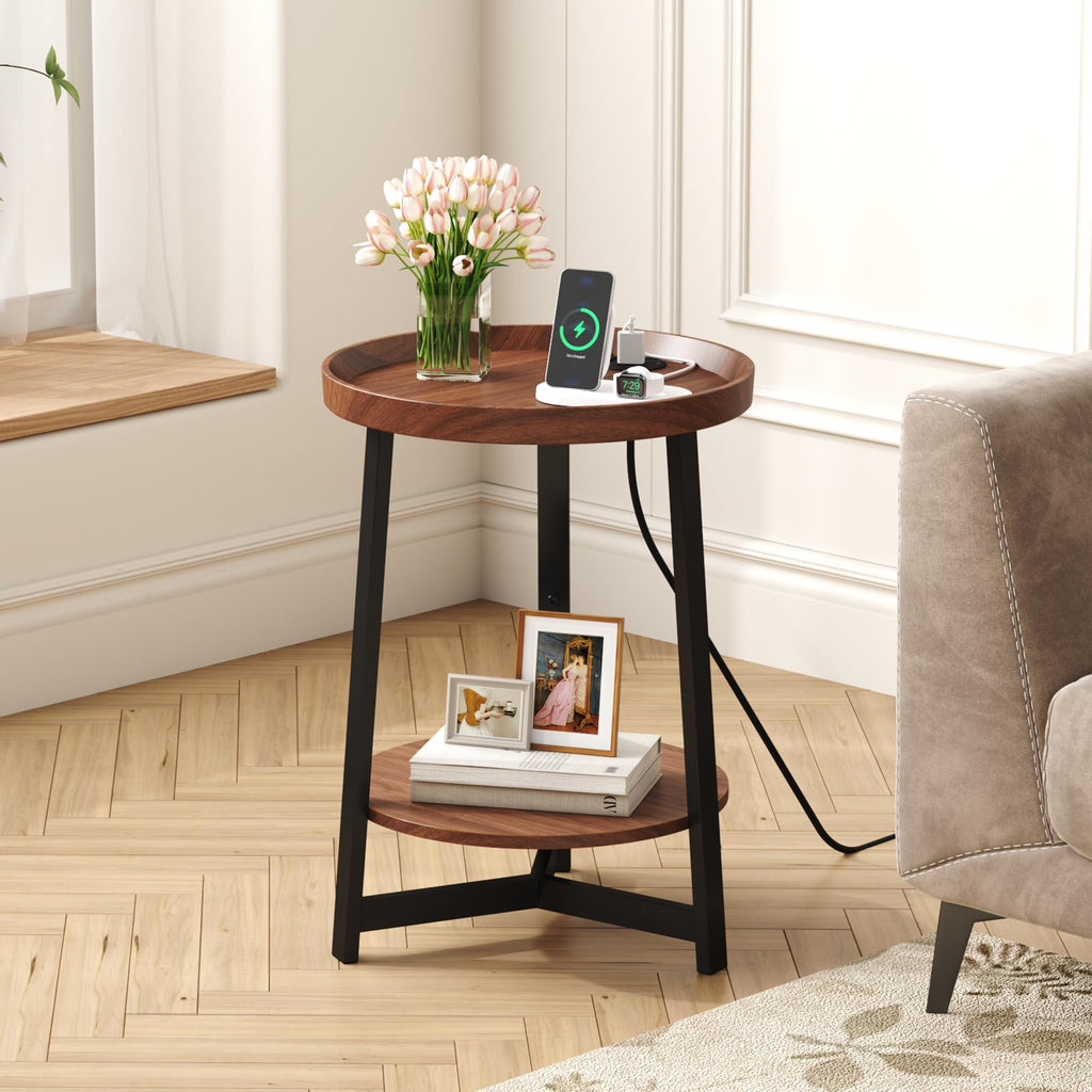 Round Industrial Side Table with Charging Station, 2-Tier Metal Frame W433