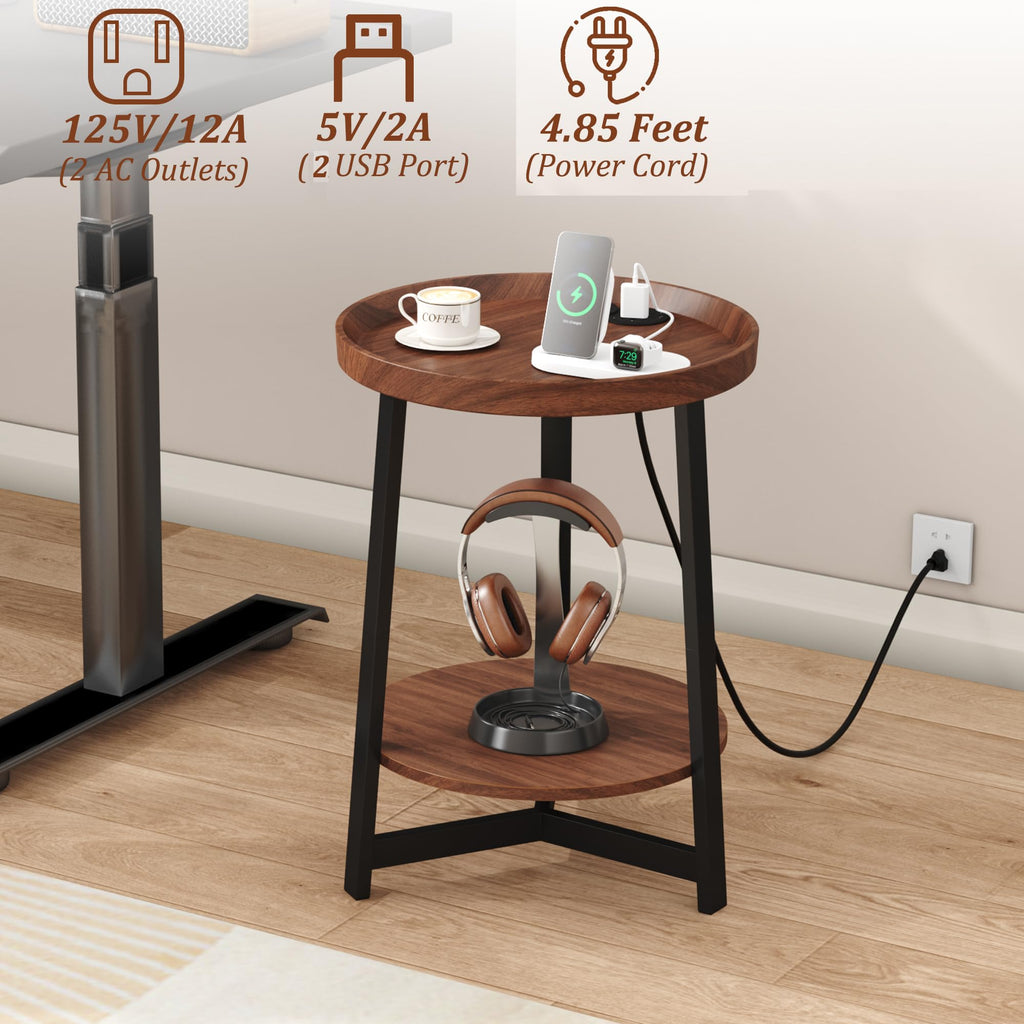 Round Industrial Side Table with Charging Station, 2-Tier Metal Frame W433