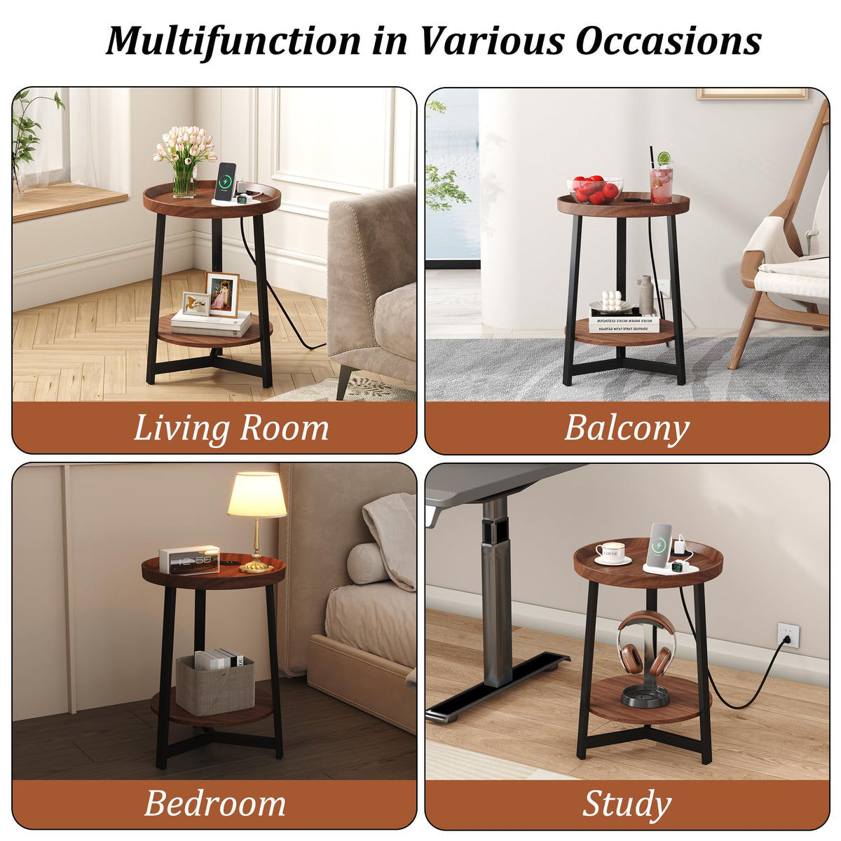 Round Industrial Side Table with Charging Station, 2-Tier Metal Frame W433