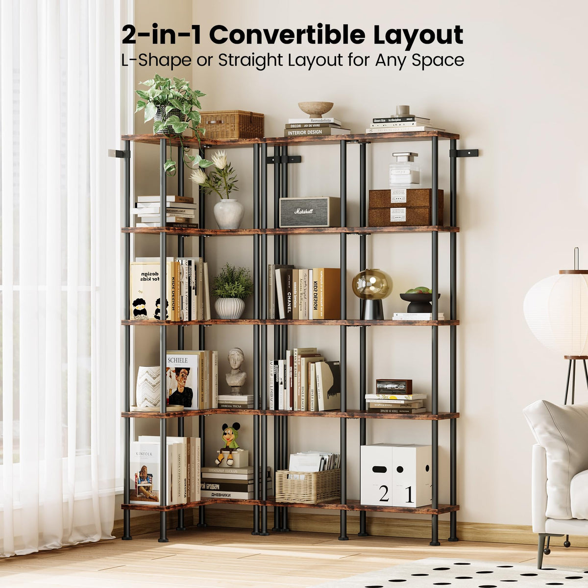 L-Shaped 5-Tier Rustic Brown Bookshelf S324