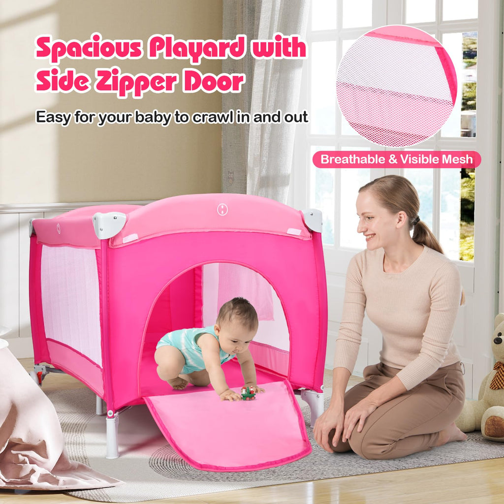 4 in 1 Pack and Play Portable Baby Bassinet Playpen with Diaper Changer Mattress Canopy Storage Rack Toy Bar Music Box Foldable Travel Playard Pink I40675