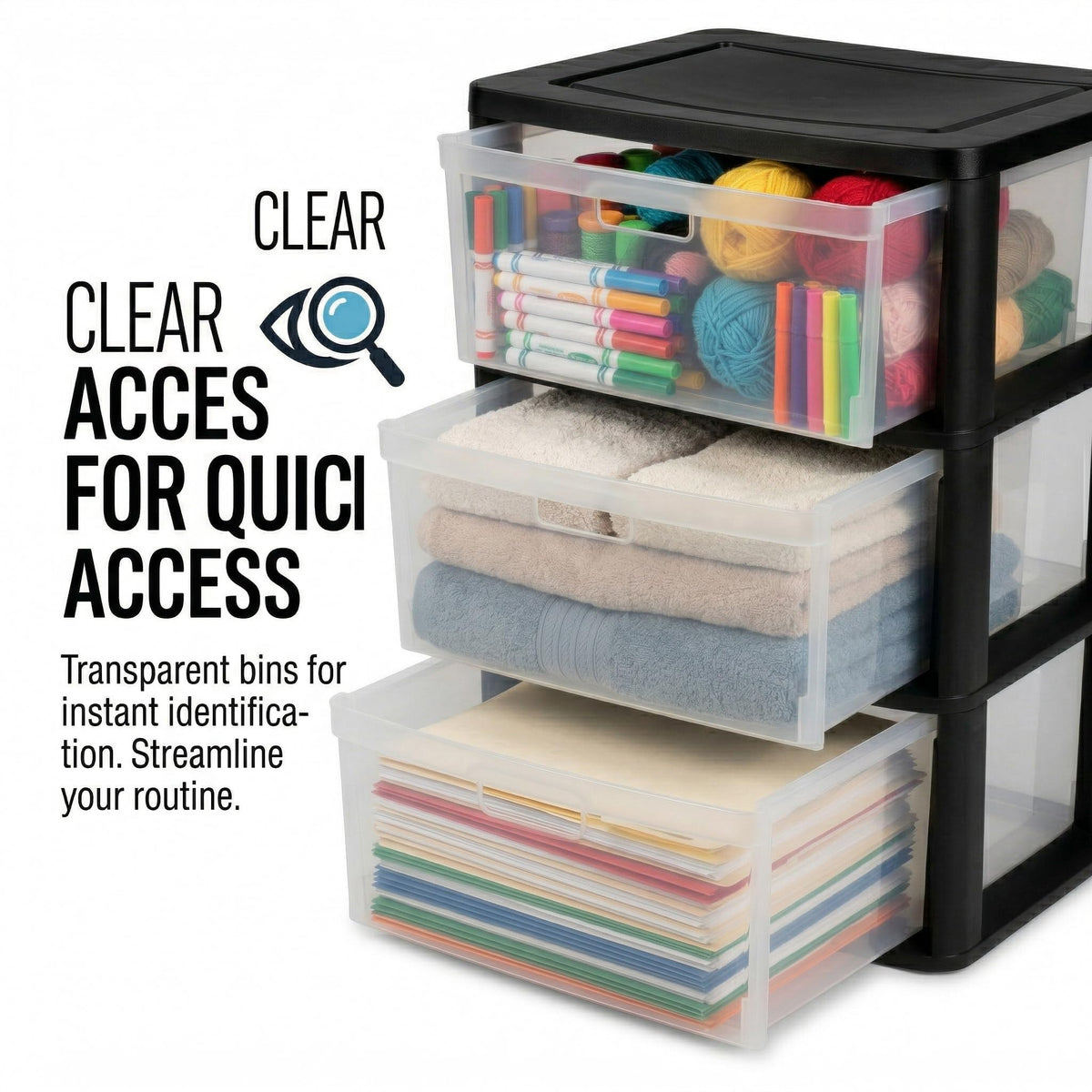 Black 3 Drawer Storage Organizer Tower with Clear Plastic Bins L544