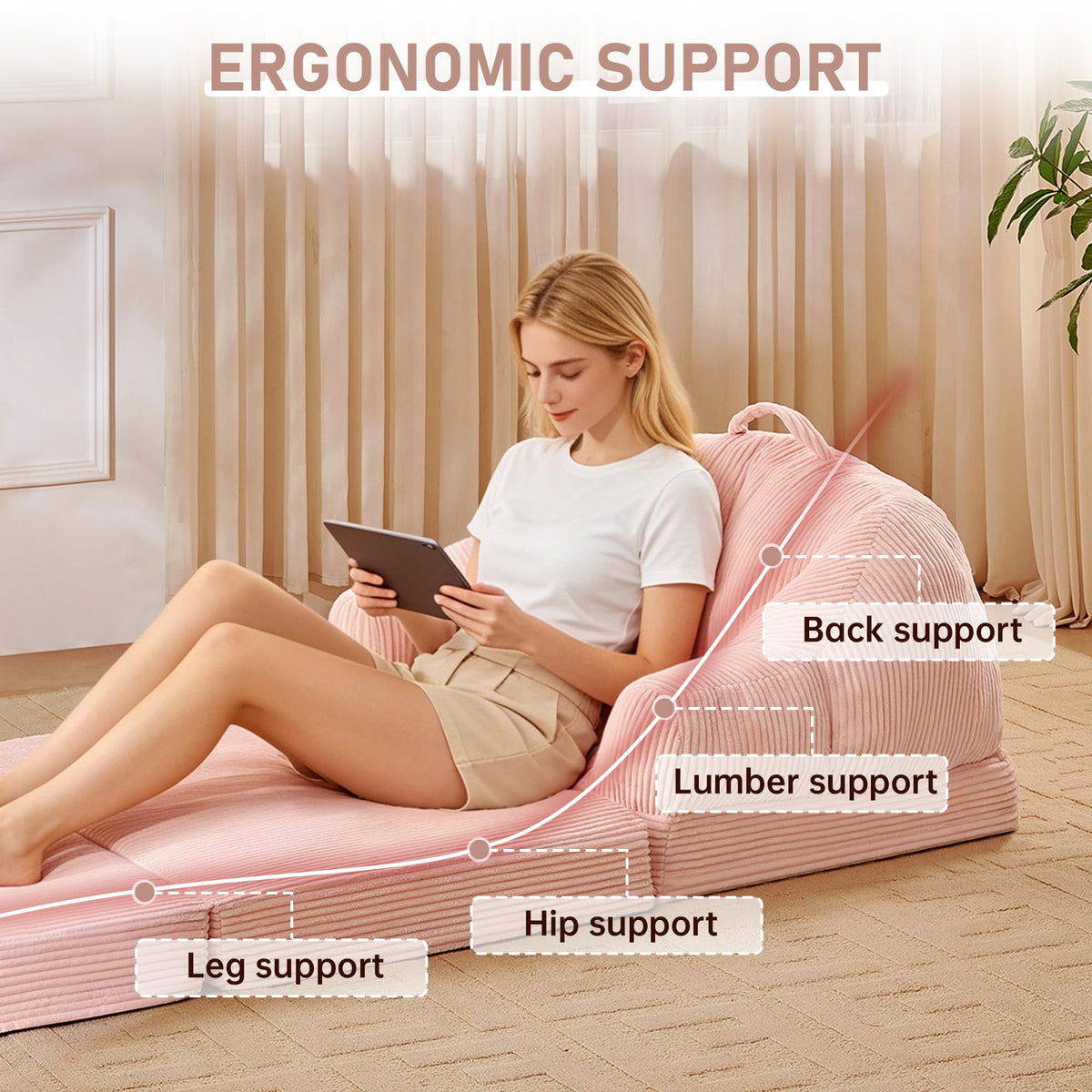 Pink 3-in-1 Convertible Folding Sofa Bed T849