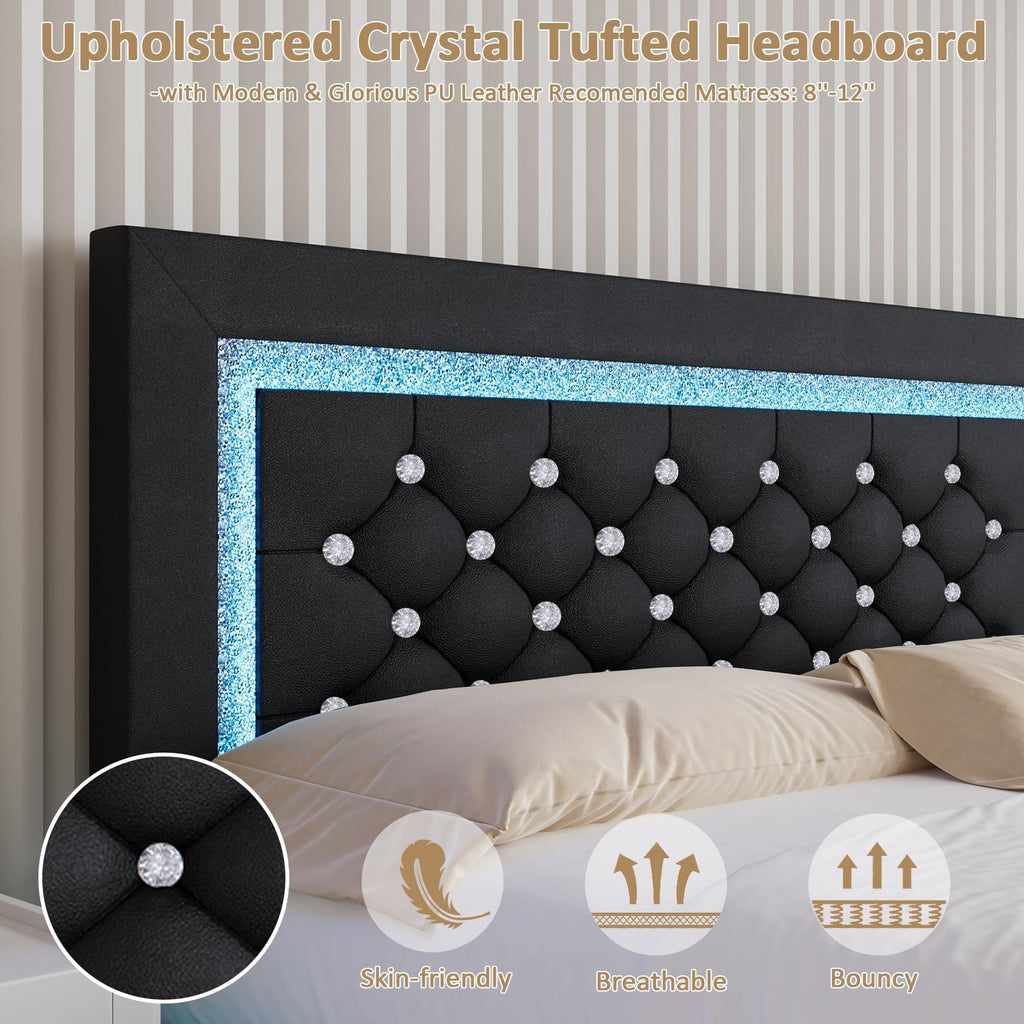 Black Full Floating Bed Frame with LED Lights and Tufted Headboard Z695395