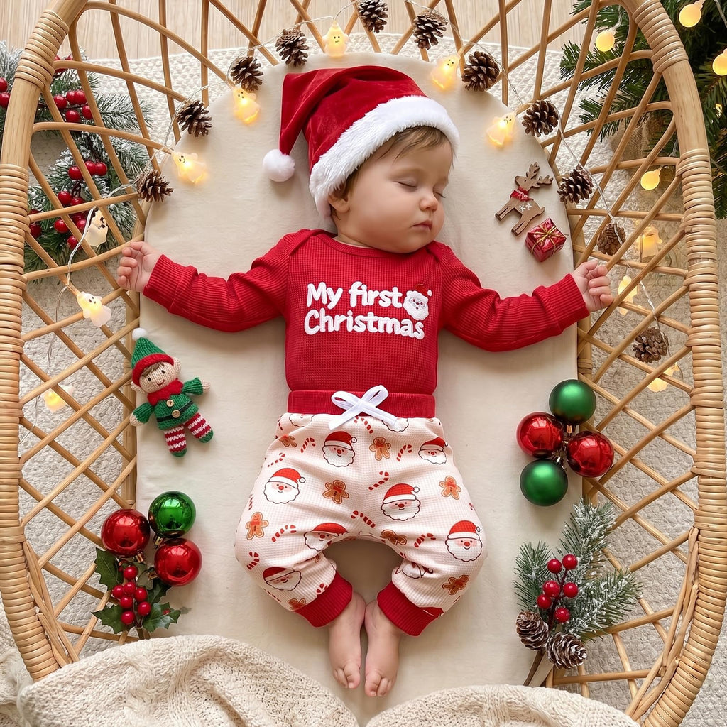 Newborn Baby Boy 3 Piece Waffle Long Sleeve Romper Pants Hat Set C154166
