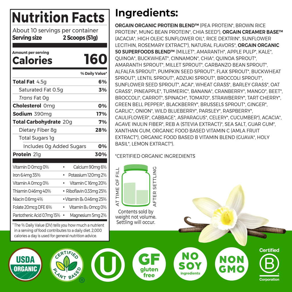 Organic Vegan 21g Protein Superfoods Powder Vanilla Bean 1.12lb C19581