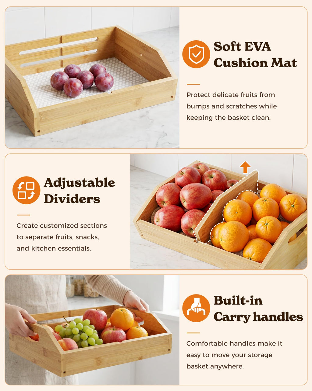 3-Tier Bamboo Fruit Basket with 2 Banana Holders W7349