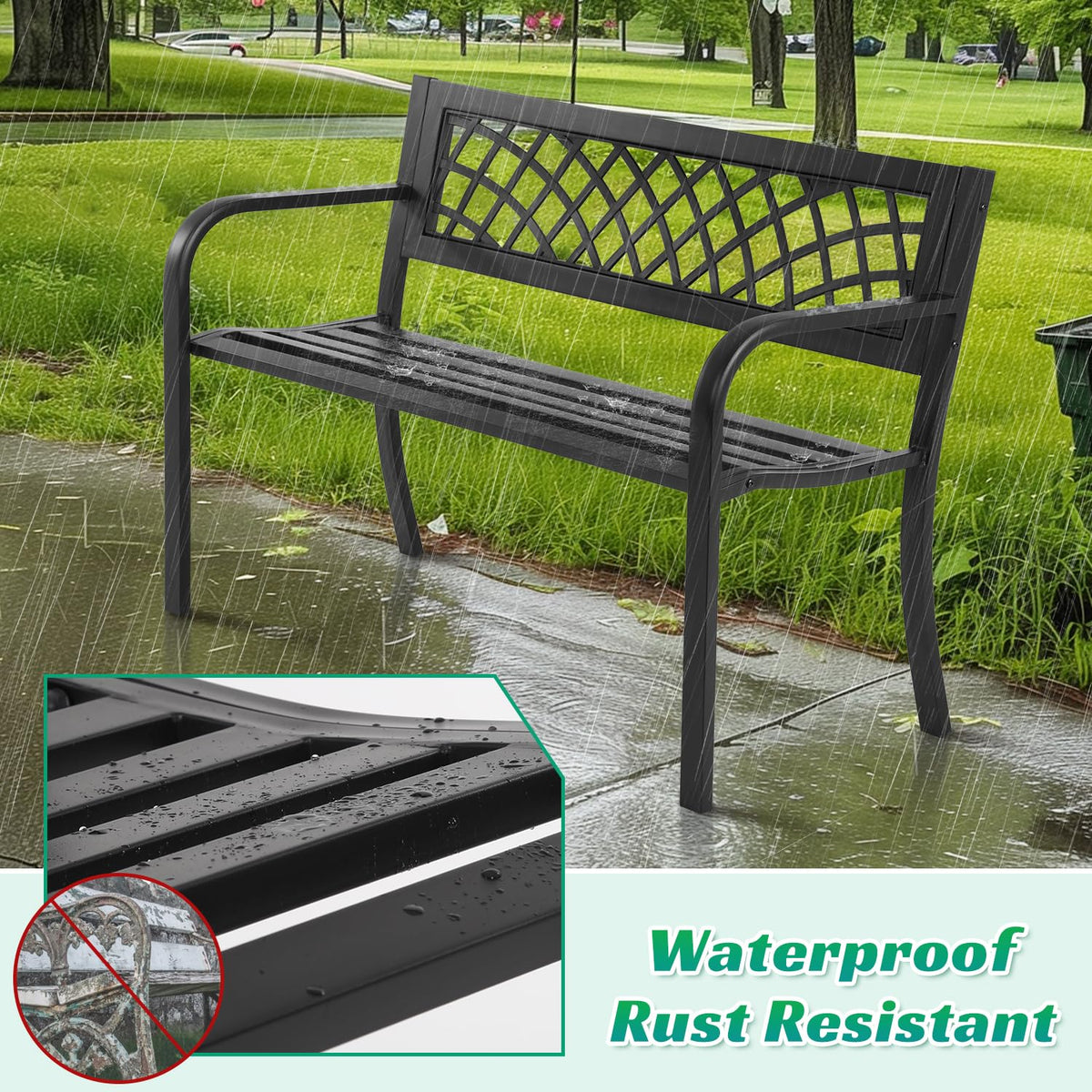 Black Metal Outdoor Bench with Armrests X306013