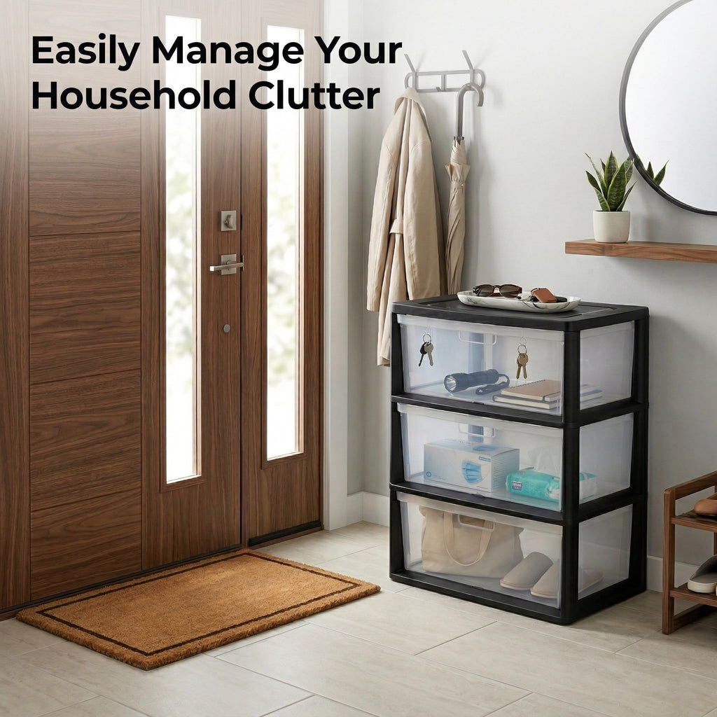Black 3 Drawer Storage Organizer Tower with Clear Plastic Bins L544