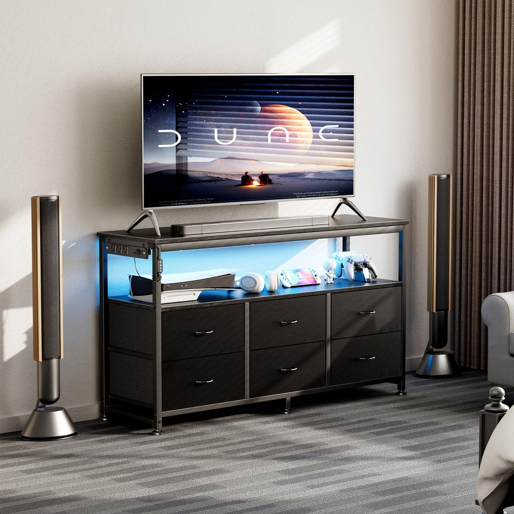 Black Dresser TV Stand with 6 Fabric Drawers Y412