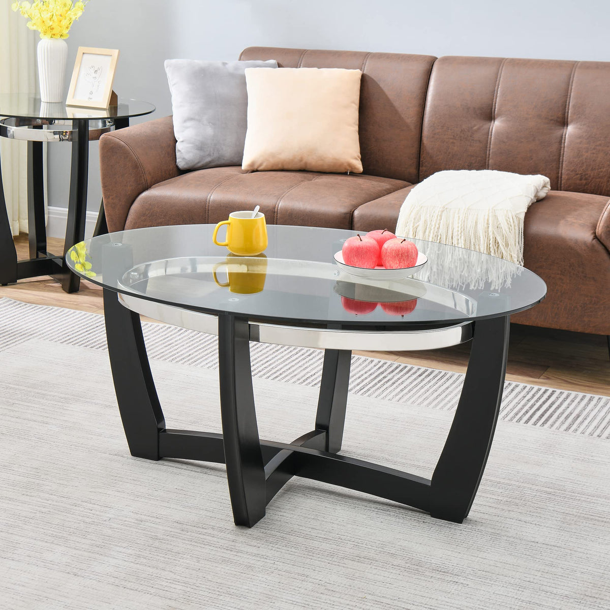 Glass Coffee Table with Solid Wood Base, 43.3''L x 29.5''W x 20.1''H Q671