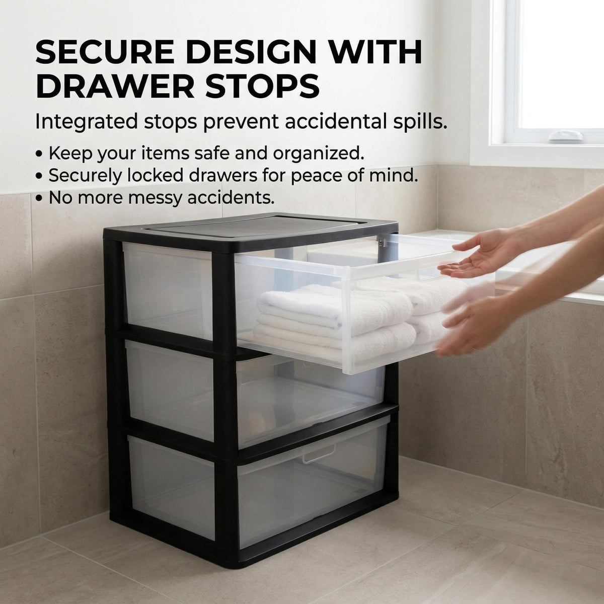 Black 3 Drawer Storage Organizer Tower with Clear Plastic Bins L544