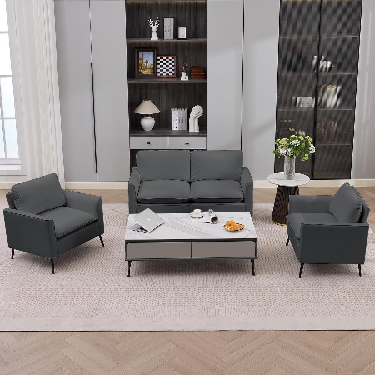 Light Gray Leather Upholstered Sofa Loveseat Two-Pack Q308735