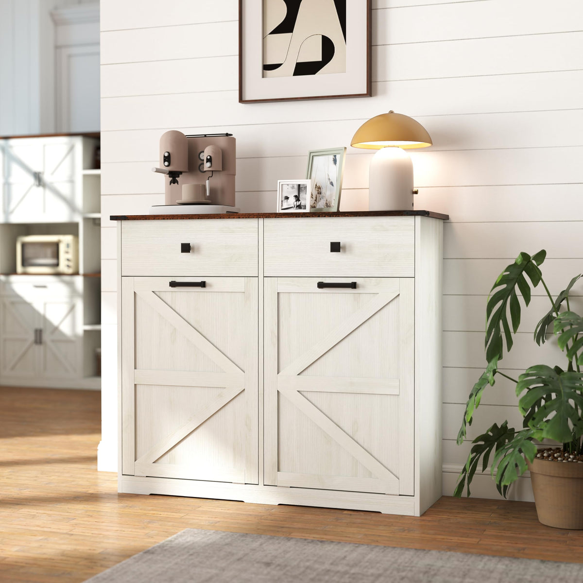 Antique White Tilt Out Trash Cabinet with 2 Drawers V7545
