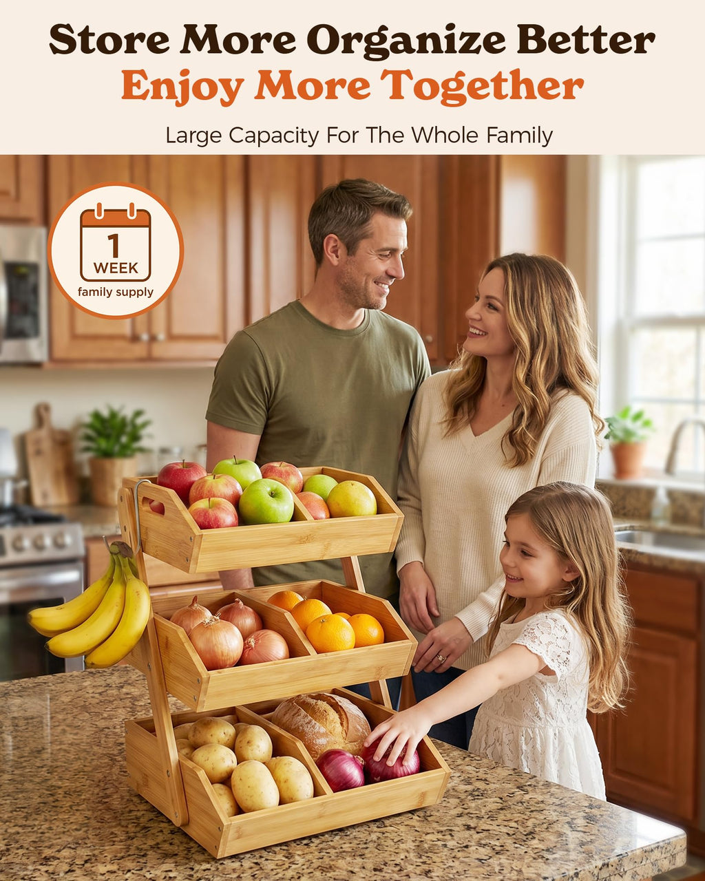 3-Tier Bamboo Fruit Basket with 2 Banana Holders W7349