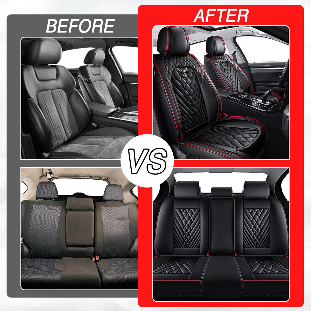 Black-Red Leather Car Seat Covers Full Set J849