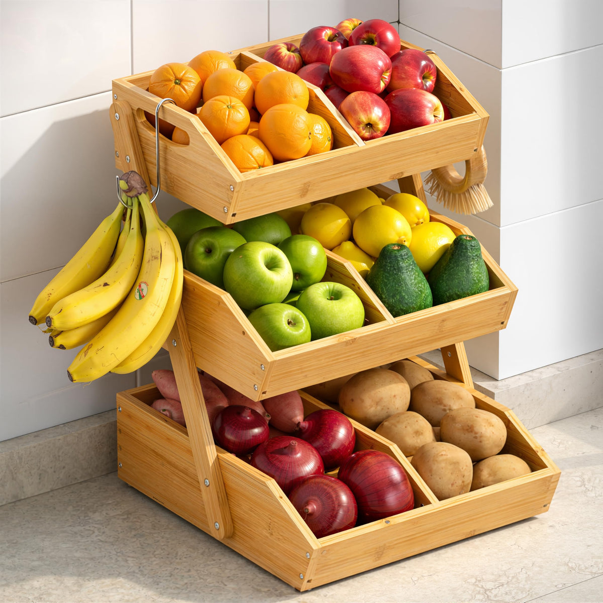 3-Tier Bamboo Fruit Basket with 2 Banana Holders W7349
