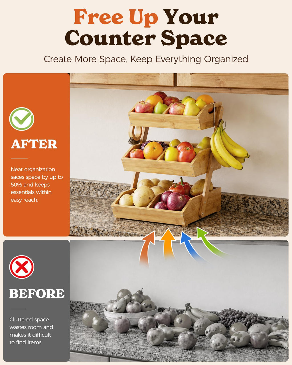 3-Tier Bamboo Fruit Basket with 2 Banana Holders W7349