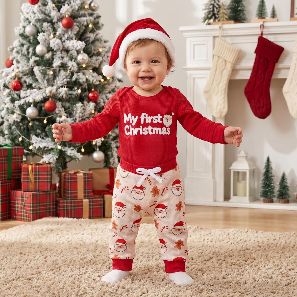Newborn Baby Boy 3 Piece Waffle Long Sleeve Romper Pants Hat Set C154166
