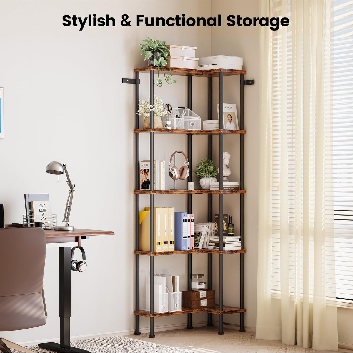 L-Shaped 5-Tier Rustic Brown Bookshelf S324