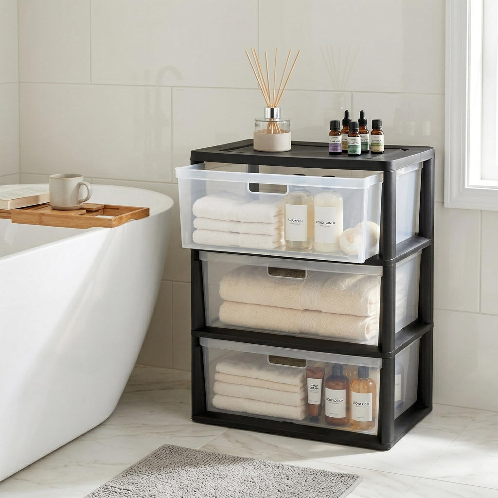 Black 3 Drawer Storage Organizer Tower with Clear Plastic Bins L544