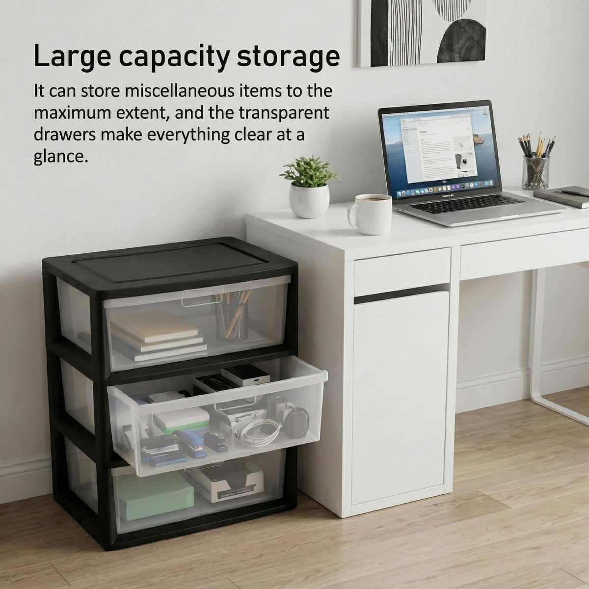 Black 3 Drawer Storage Organizer Tower with Clear Plastic Bins L544
