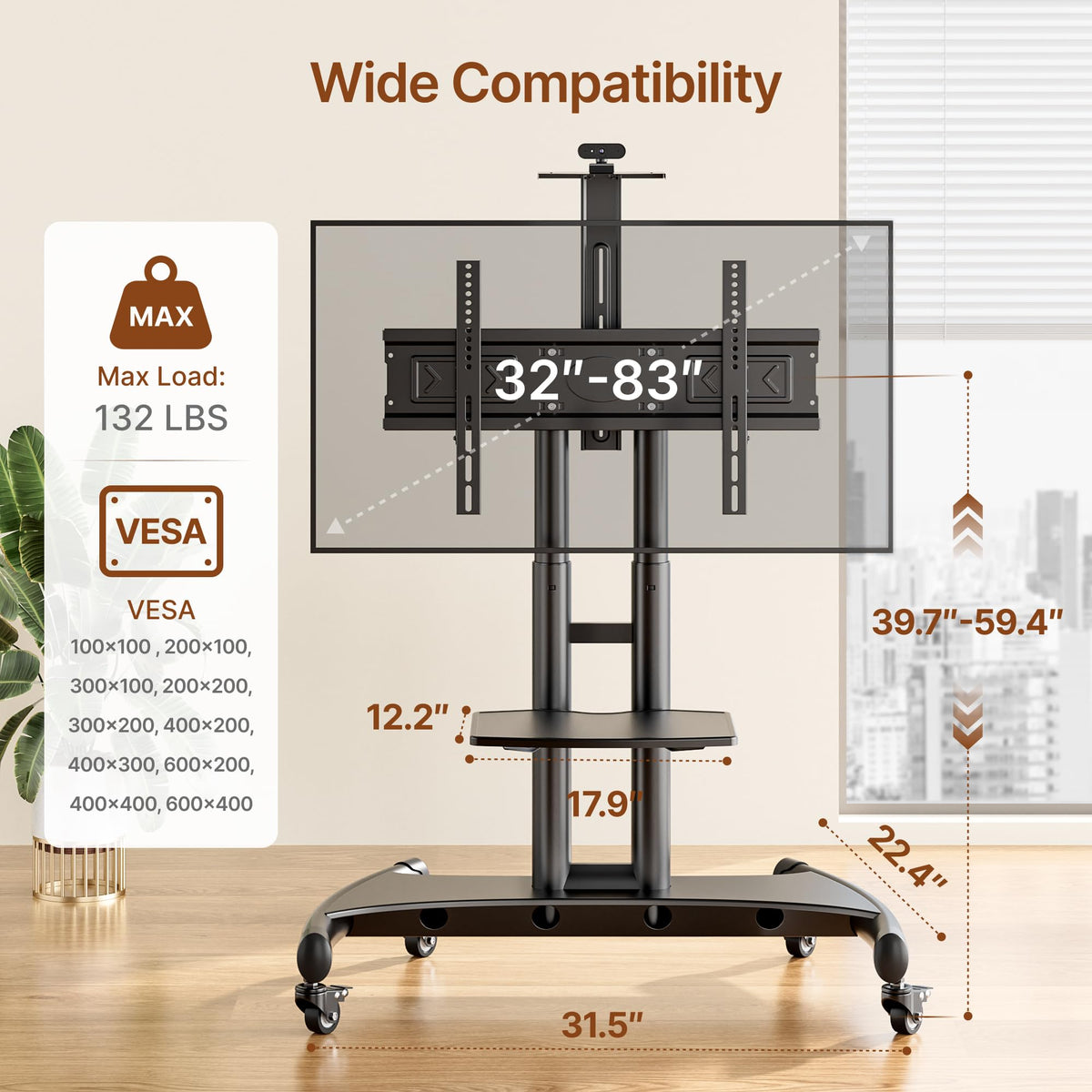 Rolling TV Stand with Shelf for 32-83" TV V53413