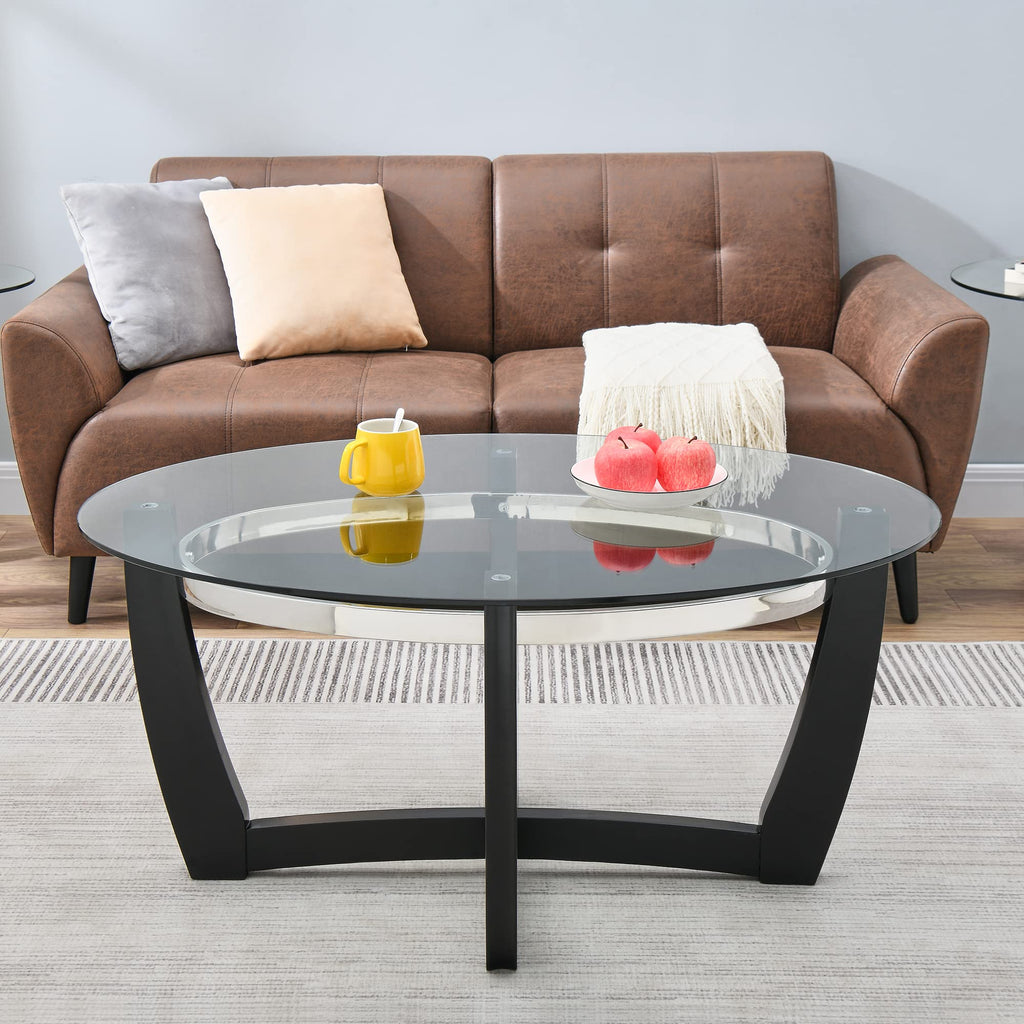 Glass Coffee Table with Solid Wood Base, 43.3''L x 29.5''W x 20.1''H Q671