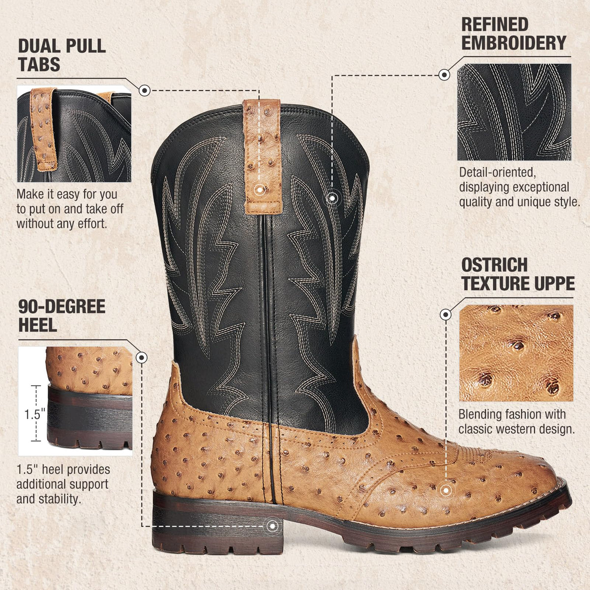Men's Western Cowboy Boots Square Toe Mid-Calf Boots H33997