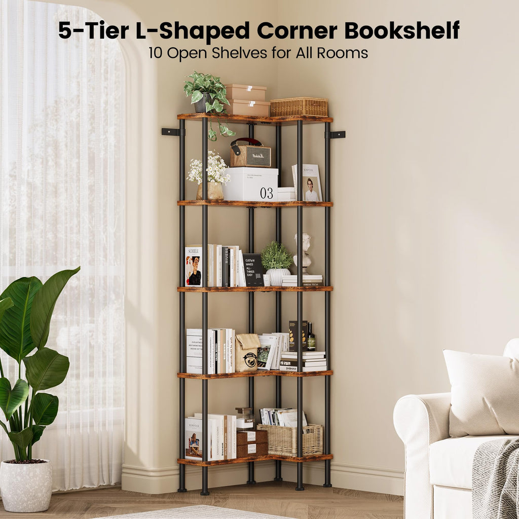 L-Shaped 5-Tier Rustic Brown Bookshelf S324