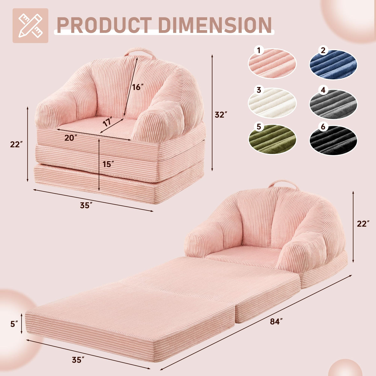 Pink 3-in-1 Convertible Folding Sofa Bed T849