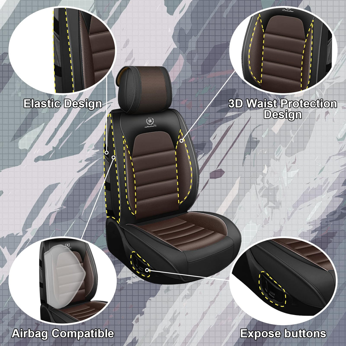 Full Set Car Seat Covers, Waterproof Seat Protectors, Standard 5 Seats, Black & Coffee V7663