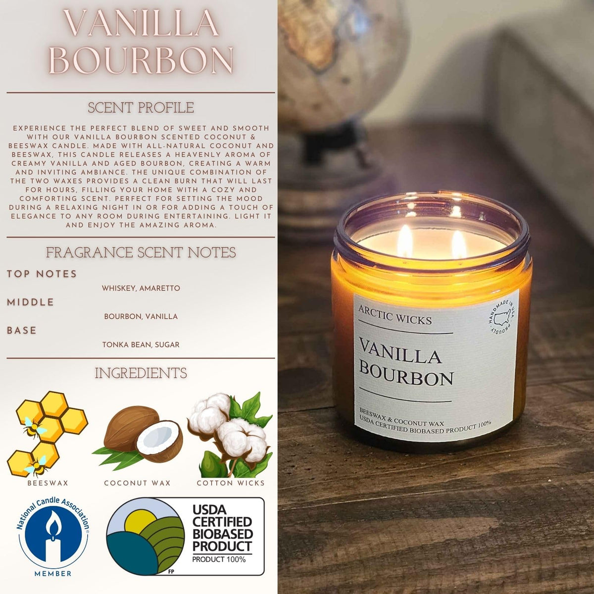 Vanilla Bourbon 16oz Double Wick Coconut Beeswax Candle B8883