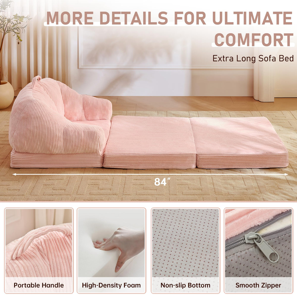 Pink 3-in-1 Convertible Folding Sofa Bed T849