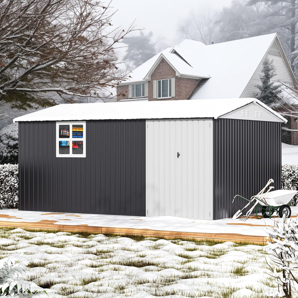 10X14 FT Metal Outdoor Storage Shed with Window, Black D43879