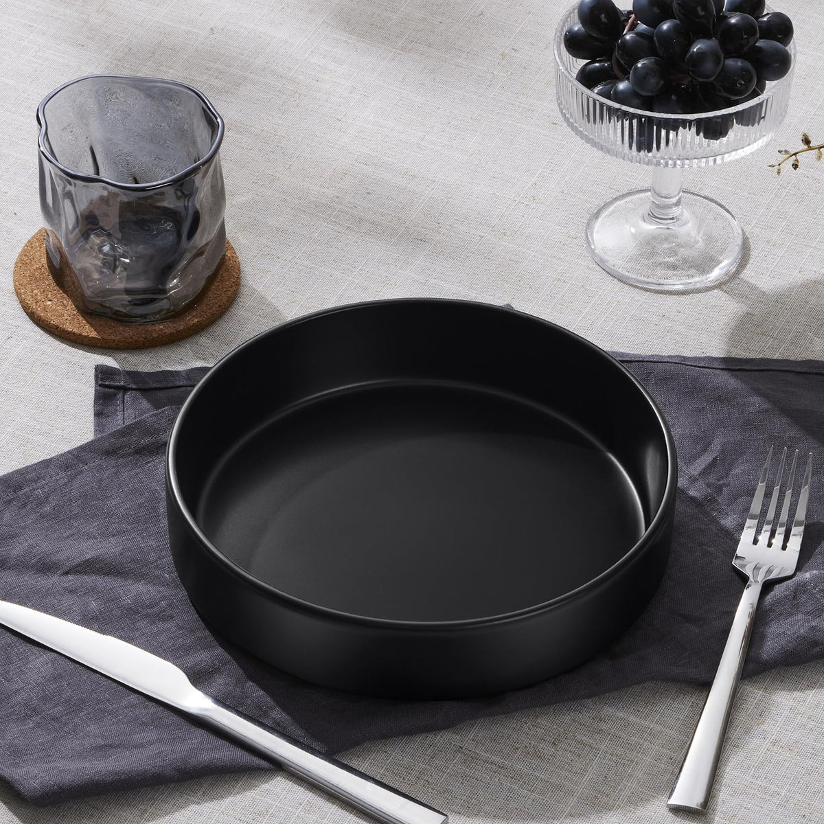 Stoneware Dinnerware Set, 12-Piece Plates and Bowls, Set of 4, Matte Black E26916