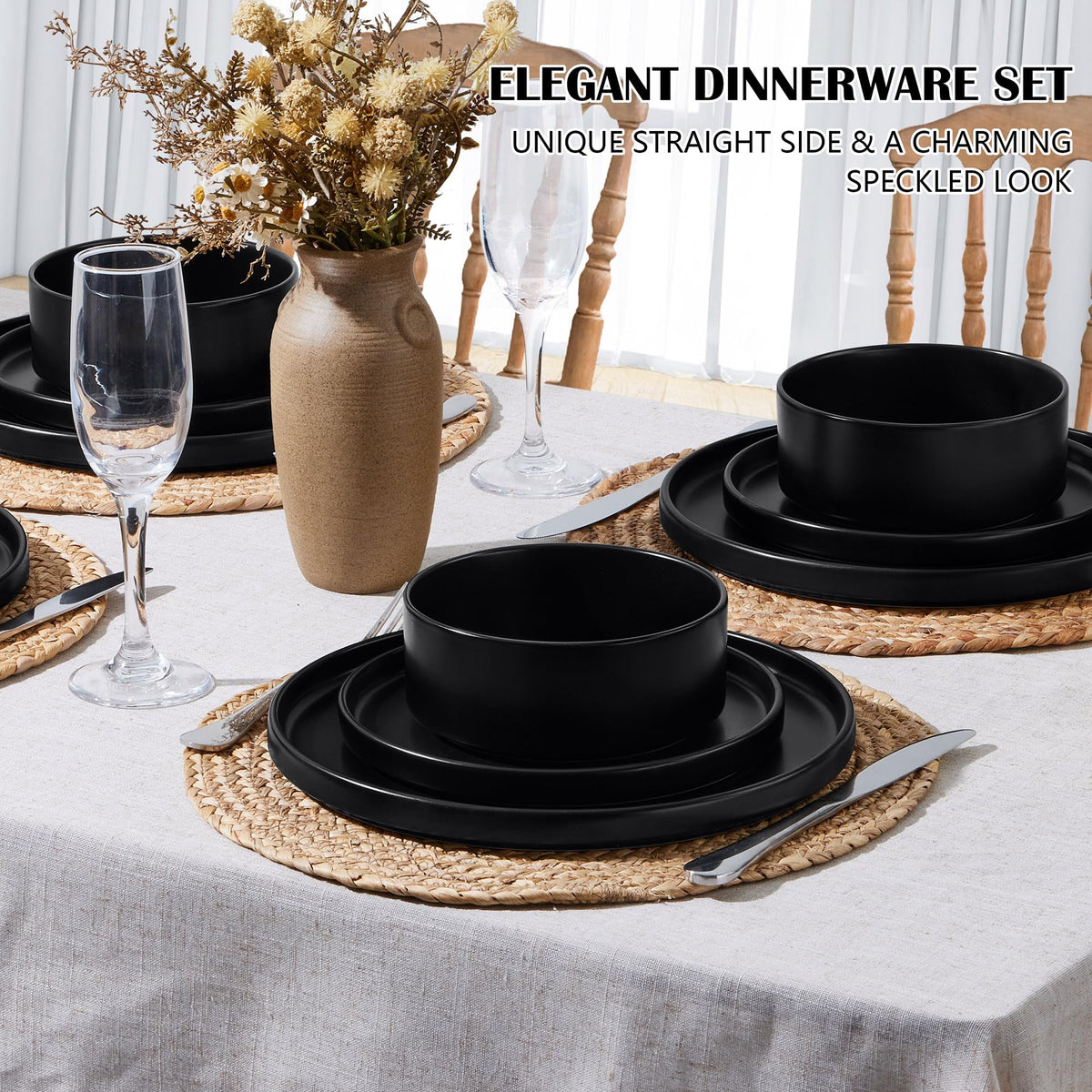 Stoneware Dinnerware Set, 12-Piece Plates and Bowls, Set of 4, Matte Black E26916
