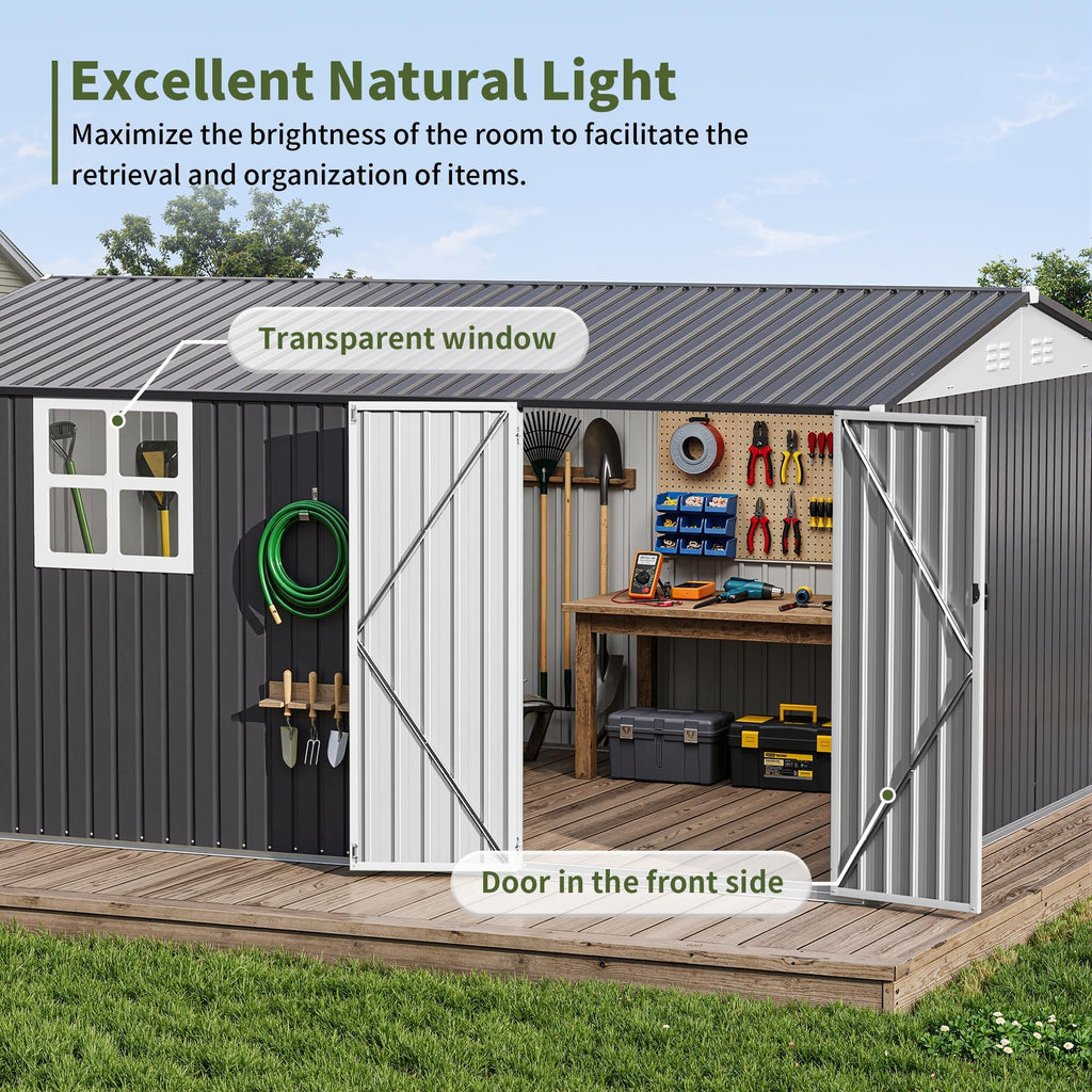 10X14 FT Metal Outdoor Storage Shed with Window, Black D43879